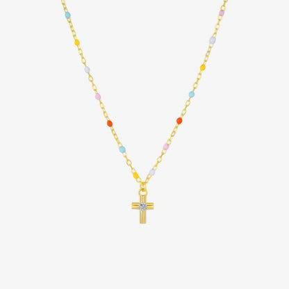 Rainbow Bead Cross Necklace